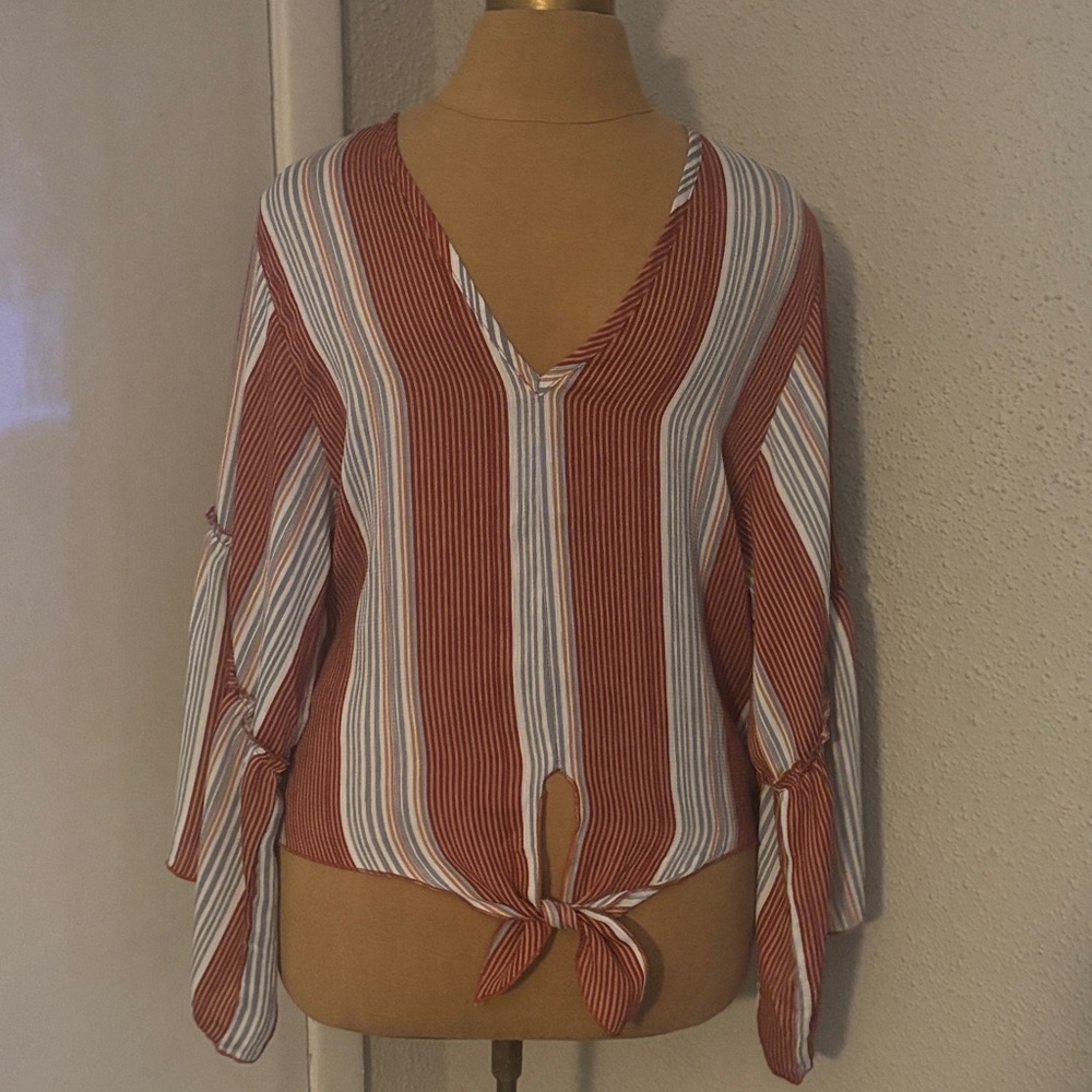 Lavender Field Striped Tie-Front V-Neck Women’s Top - Rust & Blue M Boho Hippie